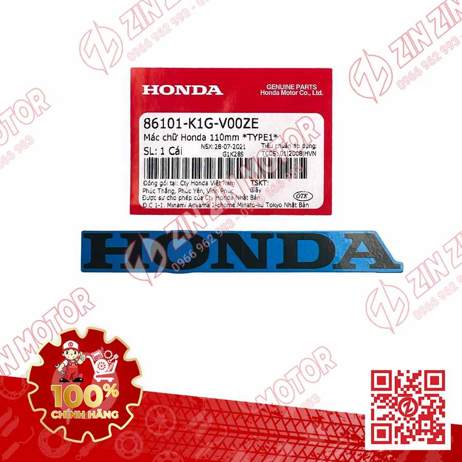 Tem Chữ Honda 100mm Dán Cánh Yếm AB 2020 2021, AirBlade 125 Xanh Đen Xám 2020 86101K1GV00ZE Chính Hãng Honda