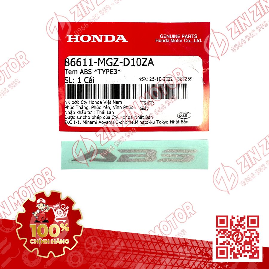 Tem Chữ ABS Dè Trước AB 2020 - 2023+, AirBlade 160 2022 - 2026, Air Blade 150 2020+, AB 2025 TYPE3 86611MGZD10ZA Chính Hãng Honda