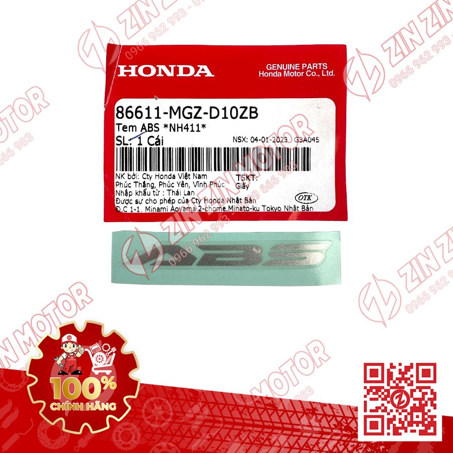 Tem Chữ ABS Dè Trước AB 2020 - 2023+, AirBlade 160 2022 - 2026, Air Blade 150 2020+, AB 2025 TYPE2 86611MGZD10ZB Chính Hãng Honda