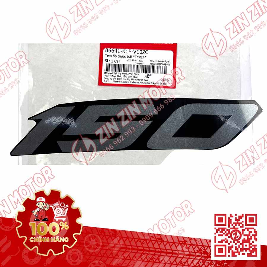 Tem Số 150 Ốp Trước Trái, Tem Cánh Yếm AB 2020 2021, AirBlade 150 Đen Bạc 2020 86641K1FV10ZC Chính Hãng Honda