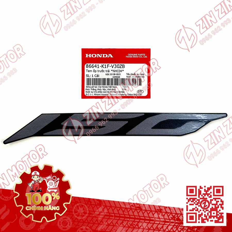 Tem Số 150 Ốp Trước Trái, Tem Cánh Yếm AB 2020 2021, AirBlade 150 Xám Bạc Đen 2021 86641K1FV30ZB Chính Hãng Honda