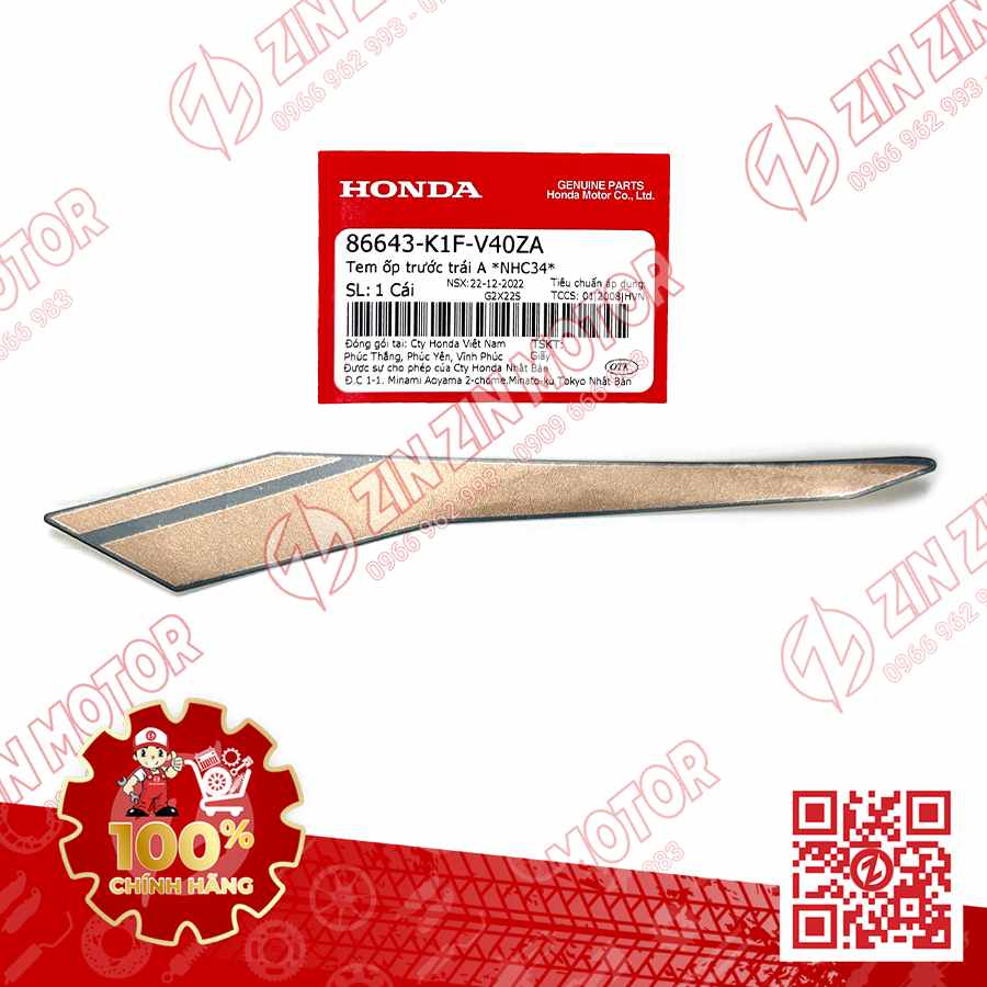 Tem Ốp Trước Trái A, Tem Cánh Yếm AB 2020 2021, AirBlade 150 Xanh Xám Đen 2021 86643K1FV40ZA Chính Hãng Honda