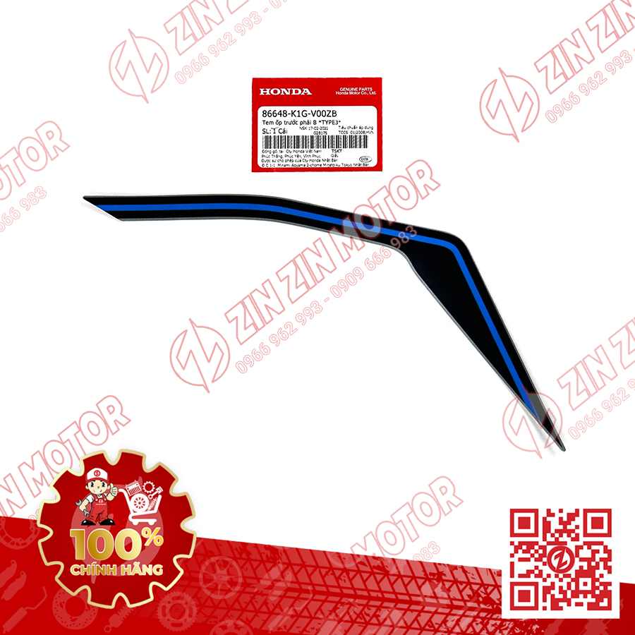 Tem Ốp Trước Phải B, Tem Cánh Yếm AB 2020 2021, AirBlade 125 Bạc Xanh Đen 2020 86648K1GV00ZB Chính Hãng Honda