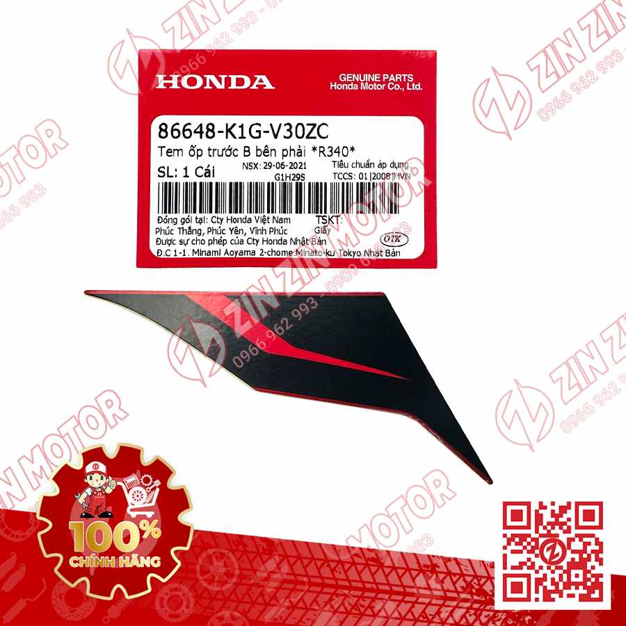 Tem Ốp Trước Phải B, Tem Cánh Yếm AB 2020 2021, AirBlade 125 Đỏ Đen 2021 86648K1GV30ZC Chính Hãng Honda