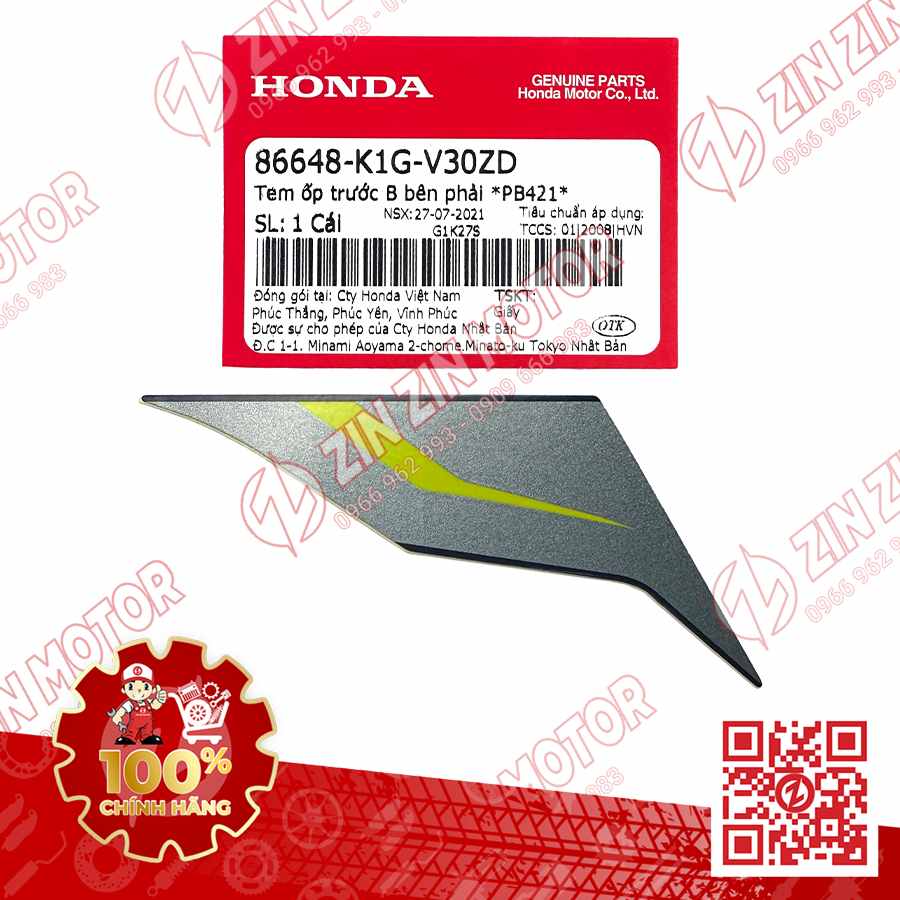 Tem Ốp Trước Phải B, Tem Cánh Yếm AB 2020 2021, AirBlade 125 Xanh Đen 2021 86648K1GV30ZD Chính Hãng Honda