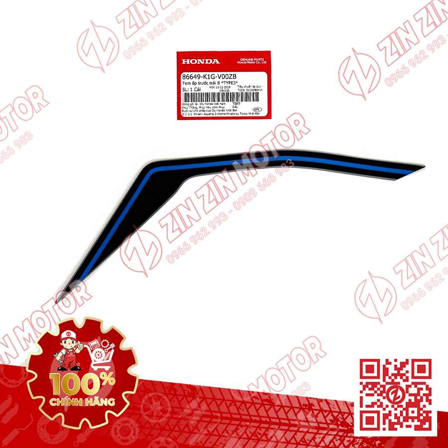 Tem Ốp Trước Trái B, Tem Cánh Yếm AB 2020 2021, AirBlade 125 Bạc Xanh Đen 2020 86649K1GV00ZB Chính Hãng Honda