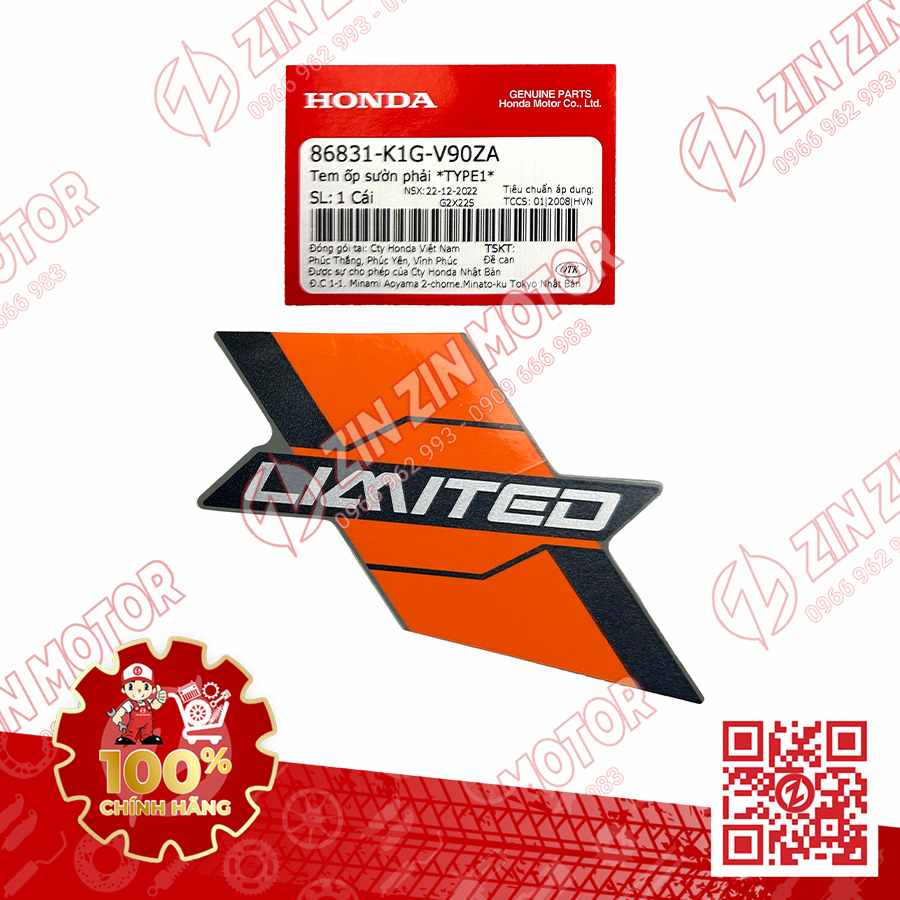 Tem Bụng Sau Phải, Tem Ốp Sườn AB 2020 2021, Air Blade 125 Xám Xi Măng (Xám Chuột) 2022 86831K1GV90ZA Chính Hãng Honda