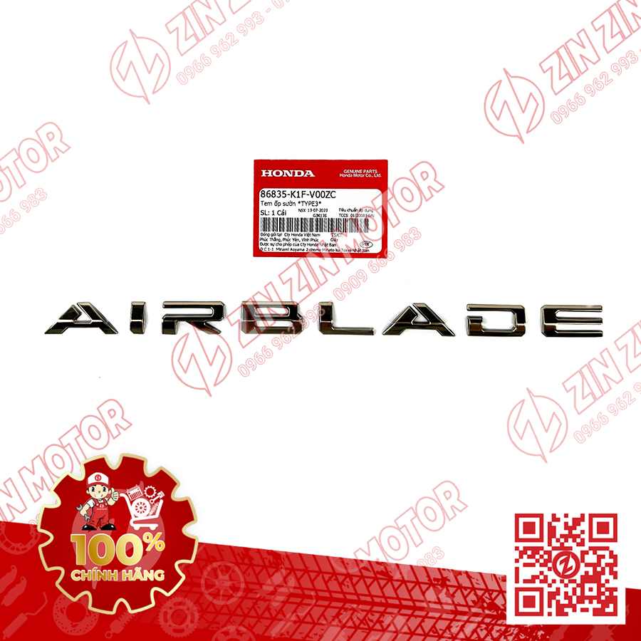 Tem Chữ Nổi Air Blade Màu Vàng Gold AB 2020 - 2023+, AirBlade 125, AB 2025 Đen Nhám Phiên Bản Đặc Biệt 86835K1FV00ZC Chính Hãng Honda