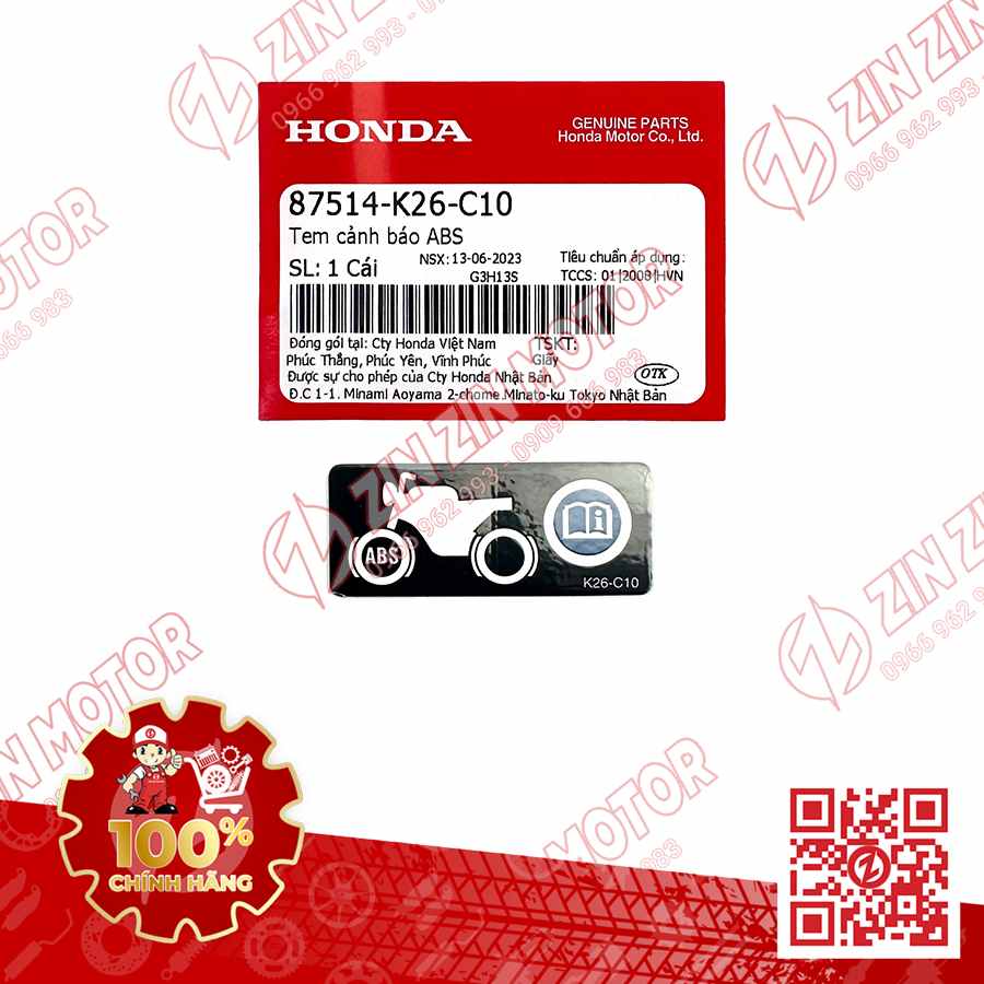 Tem Thông Số Cảnh Báo ABS AB 160 2022 2023+, AirBlade 150 2020 2021, Vario 160, WINNER X V4 2024 , WINNER R , 87514K26C10 Chính Hãng Honda