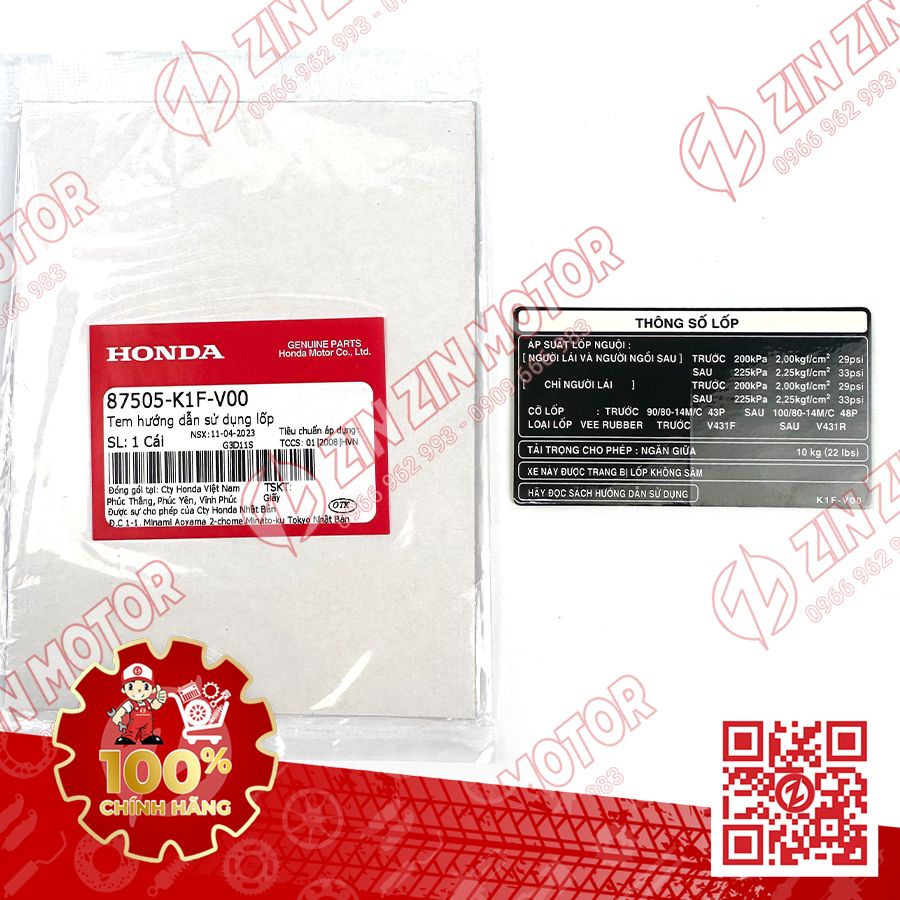 Tem Thông Số Lốp AB 150 (Air Blade 2020 2021) 87505K1FV00 Chính Hãng Honda