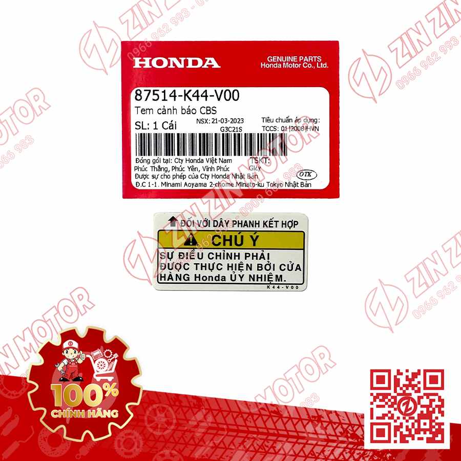 Tem Cảnh Báo CBS AB 125 2020 2021, AirBlade 125 2016 2017 2018 2019 , Vision 2026 87514K44V00 Chính Hãng Honda
