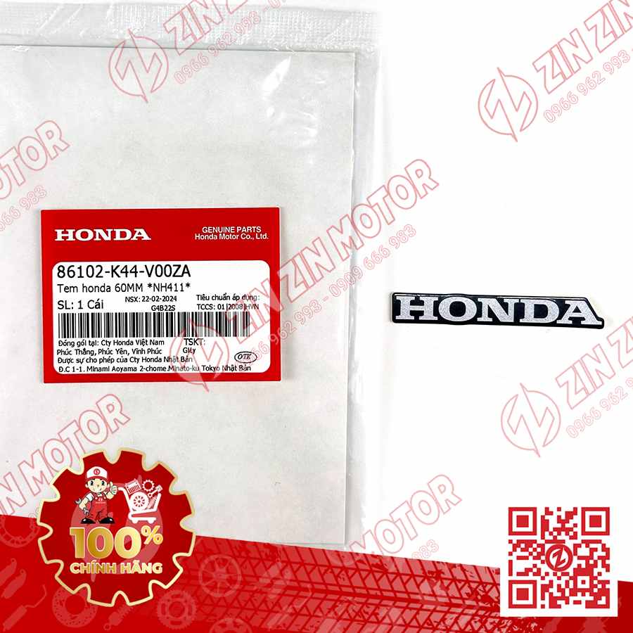 Tem Honda 65MM Dè Sau SH160i 2023 - 2026, SH 150i 2017 - 2022, SH 125i 2020 - 2026, Vision 2015-2026 Đen 86102K44V00ZA Chính Hãng Honda