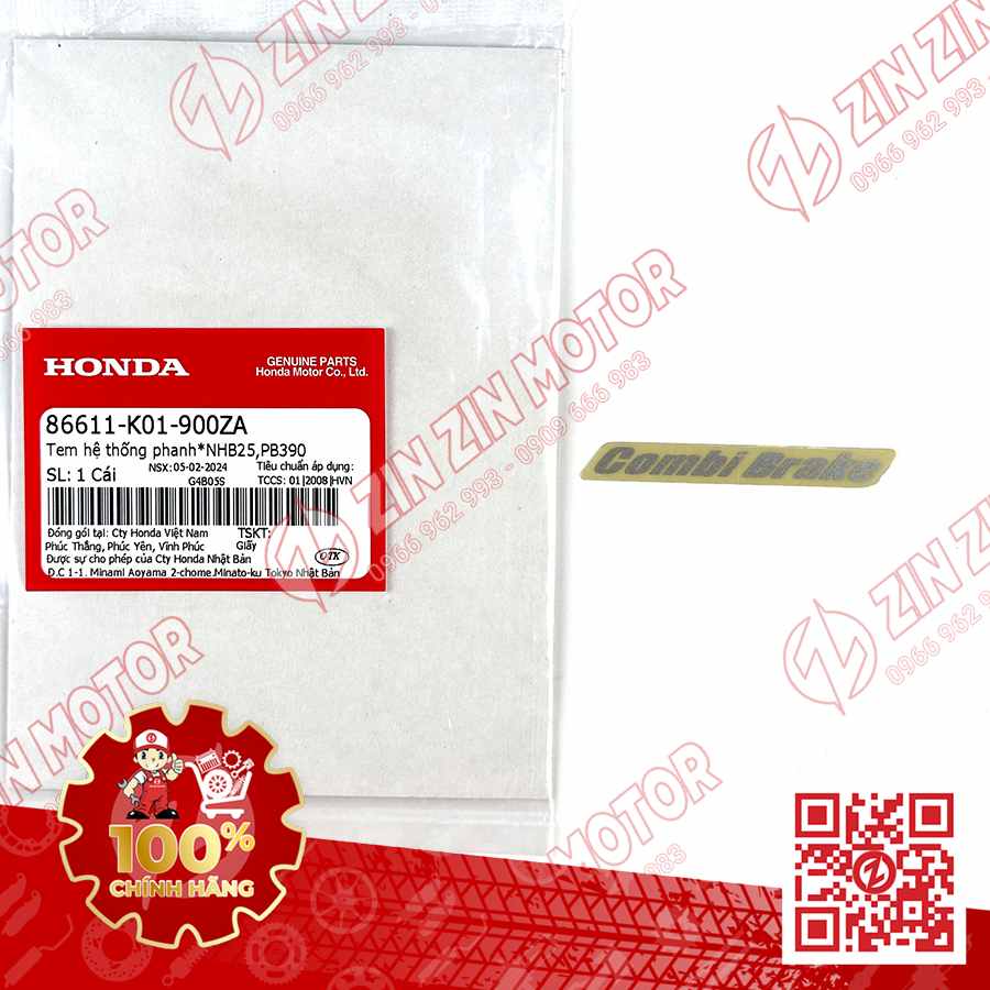 Tem Dè Trước, Tem Combi Brake SH160i 2023+, SH 150i 2017 - 2022, SH 125i 2017 - 2023+, SH Mode 2014+ Bạc (Trắng) 86611K01900ZA Chính Hãng Honda
