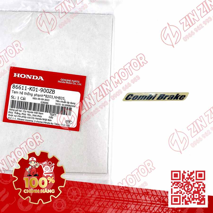 Tem Dè Trước, Tem Combi Brake SH160i 2023+, SH 150i 2017 - 2022, SH 125i 2017 - 2023+, SH Mode 2014+ Đen 86611K01900ZB Chính Hãng Honda