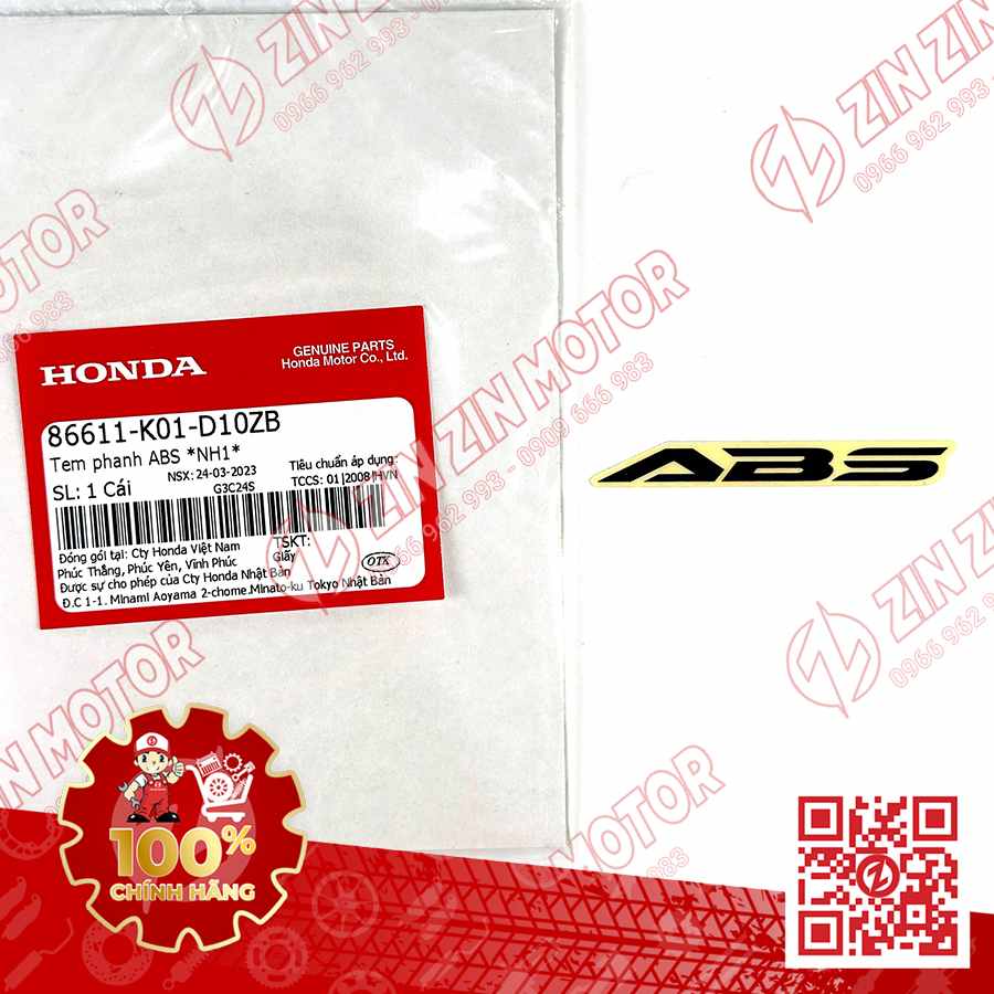 Tem Dè Trước, Tem ABS SH160i 2023 - 2026, SH 150i 2017 - 2022, SH 125i 2017 - 2026, SH Mode 2020+ 86611K01D10ZB Đen Chính Hãng Honda
