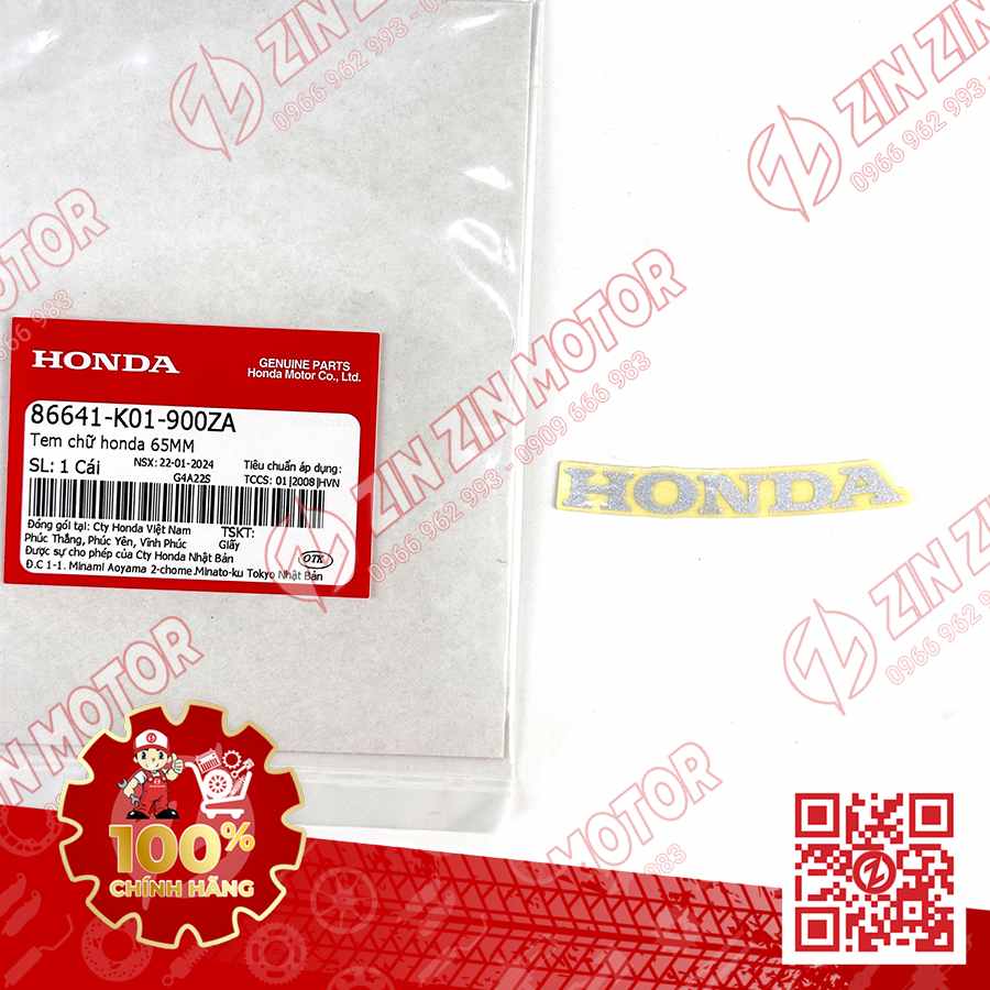Tem Honda 65MM Mặt Nạ Trước SH160i 2023 - 2026, SH 150i 2017 2018 2019 2020 2021 2022, SH 125i 2017 - 2026 Đen 86641K01900ZA Chính Hãng Honda
