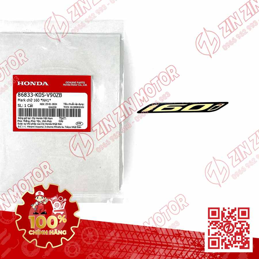 Tem Chữ 160i, Tem Ốp Sườn SH160i 2023 - 2026 Màu Đen NH1 86833K0SV90ZB Chính Hãng Honda