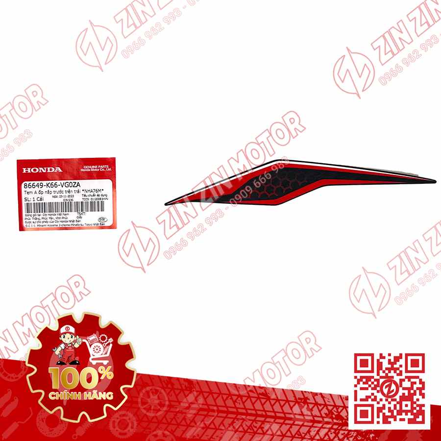 Tem Ốp Nắp Trước Trái, Tem Mặt Nạ AB 2018, Air Blade 125 2018 Đen Nhám Phiên Bản Kỷ Niệm 10 Năm 86649K66VG0ZA Chính Hãng Honda