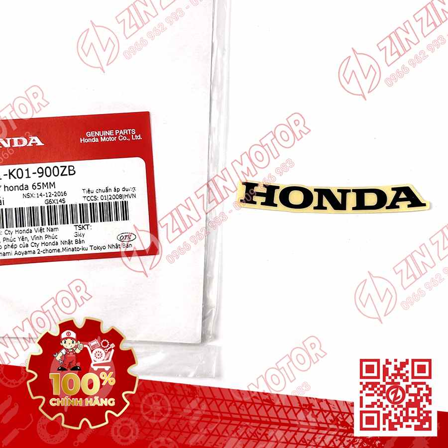Tem Honda 65MM Dán Mặt Nạ Trước SH 2023 - 2026, SH 160i, SH125i Đen 86641K01900ZB Chính Hãng