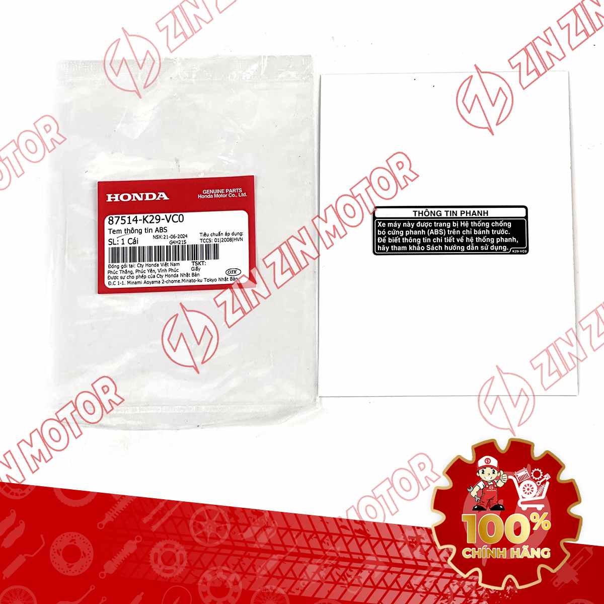 TEM THÔNG TIN ABS XE SH MODE 2020 2021 2022 2023 ĐỜI 2020-2023 87514K29VC0 CHÍNH HÃNG