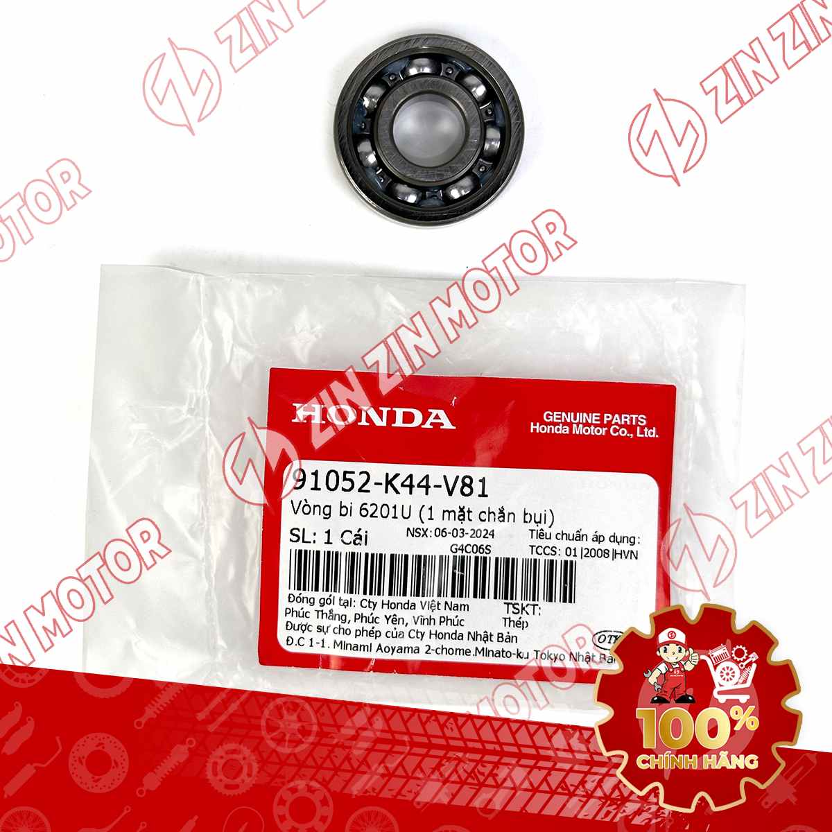 BẠC ĐẠN BÁNH TRƯỚC VISION 2021 - 2024 2026 , AB 125/160 2026 , LEAD 2021, SH 2020-2026, SH MODE 2020-2023, VARIO 160 6201U 91052K44V81 CHÍNH HÃNG