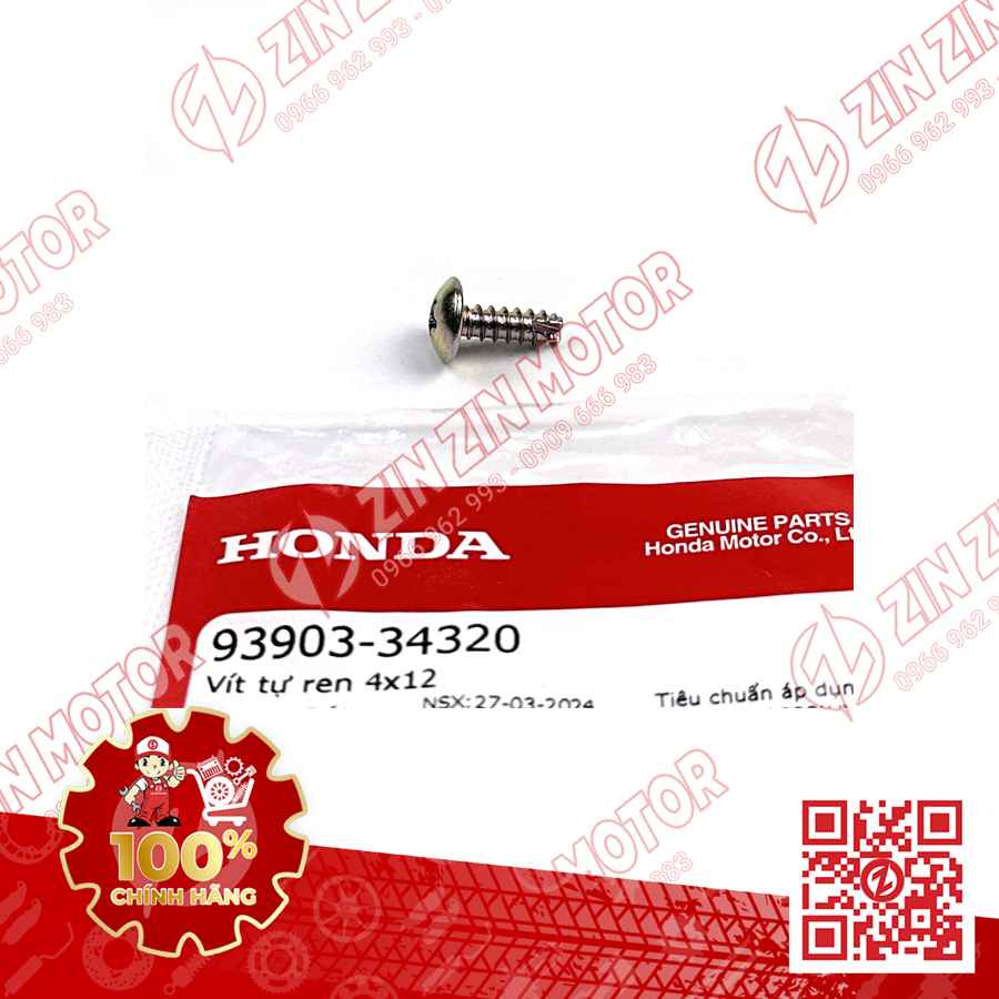 VÍT TỰ REN 4X12MM BẠC DÙNG CHUNG NHIỀU DÒNG XE HONDA 9390334320 CHÍNH HÃNG