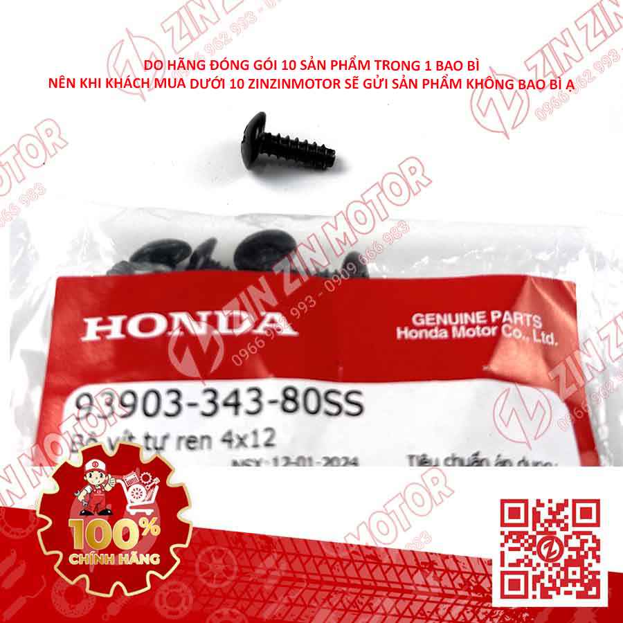 VÍT TỰ REN 4X12MM ĐEN DÙNG CHUNG NHIỀU DÒNG XE HONDA 9390334380 CHÍNH HÃNG