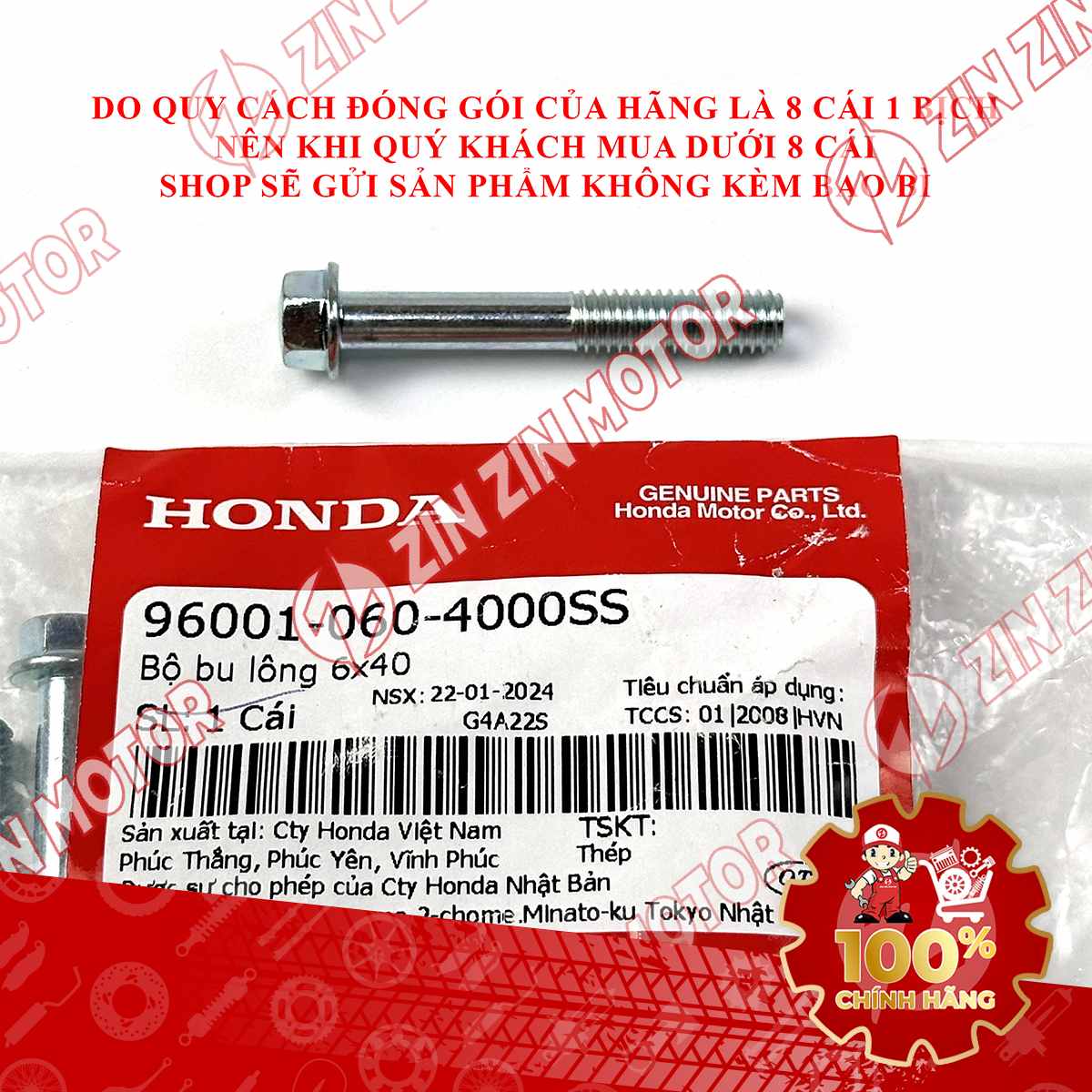 BU LÔNG LỤC GIÁC 6X40MM BẠC DÙNG CHUNG NHIỀU DÒNG XE HONDA 960010604000SS CHÍNH HÃNG