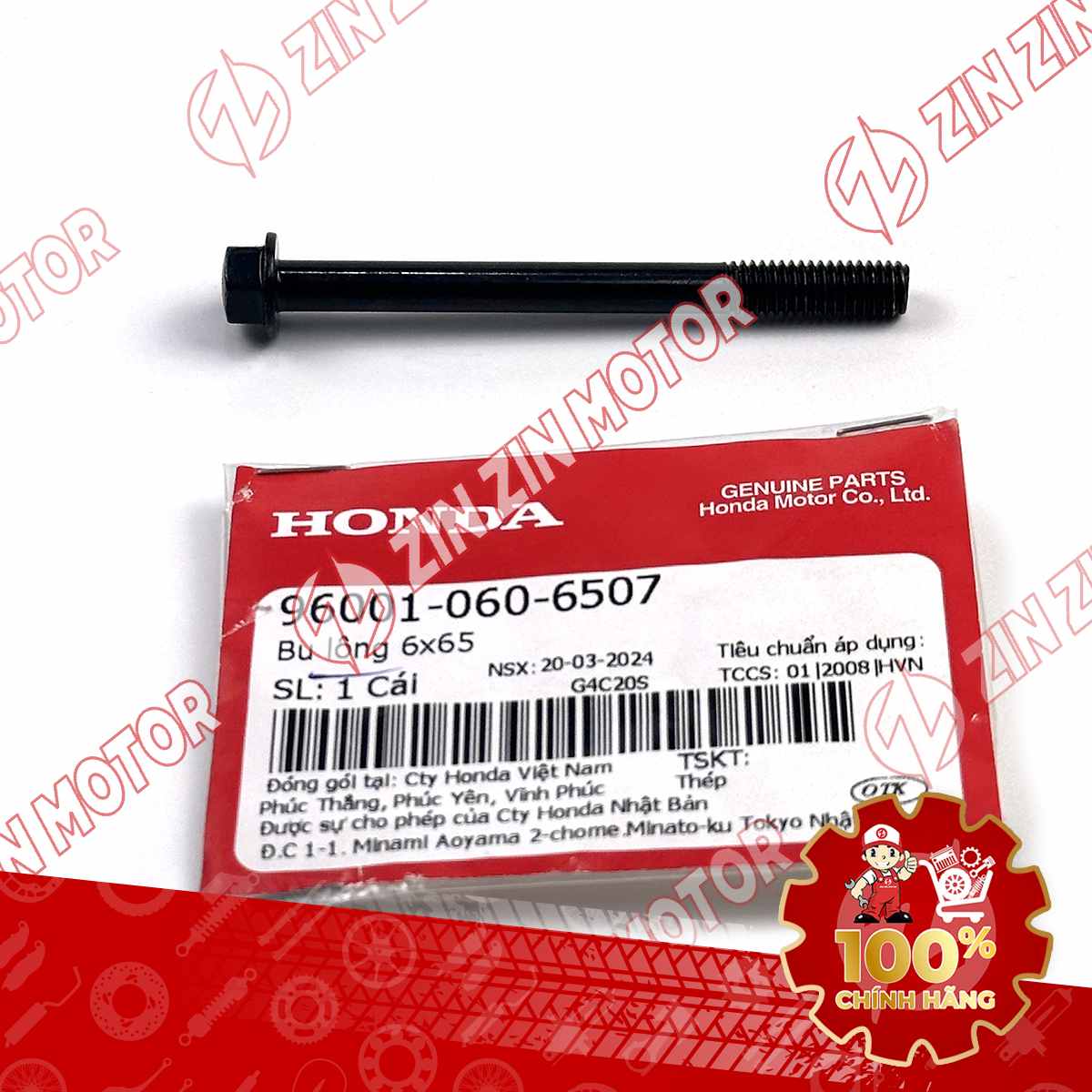BU LÔNG LỤC GIÁC 6X65MM ĐEN DÙNG CHUNG NHIỀU DÒNG XE HONDA 960010606507 CHÍNH HÃNG