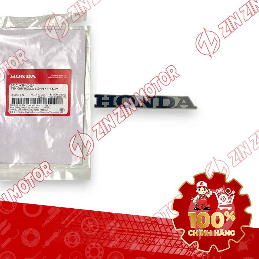 TEM CHỮ HONDA DÁN CÁNH YẾM TRONG WAVE ALPHA 2024 2025 110MM CHỮ ĐEN NỀN XÁM 86101K89VD0ZA CHÍNH HÃNG