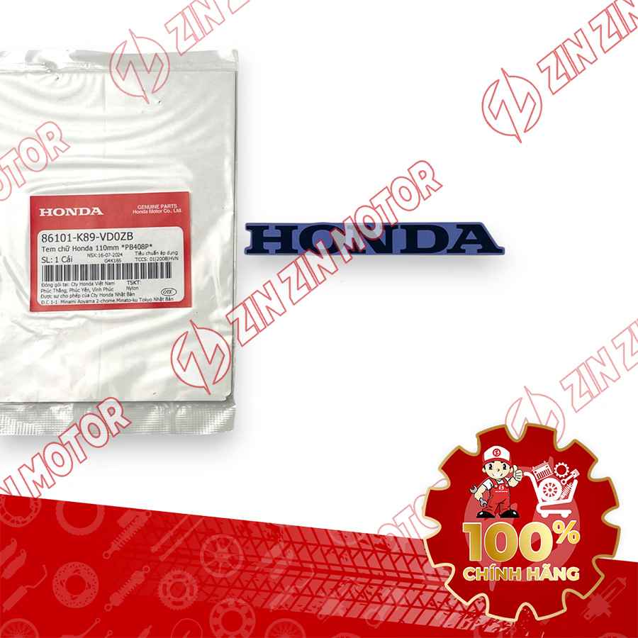 TEM CHỮ HONDA DÁN CÁNH YẾM TRONG WAVE ALPHA 2024 2025 110MM CHỮ ĐEN NỀN XANH 86101K89VD0ZB CHÍNH HÃNG