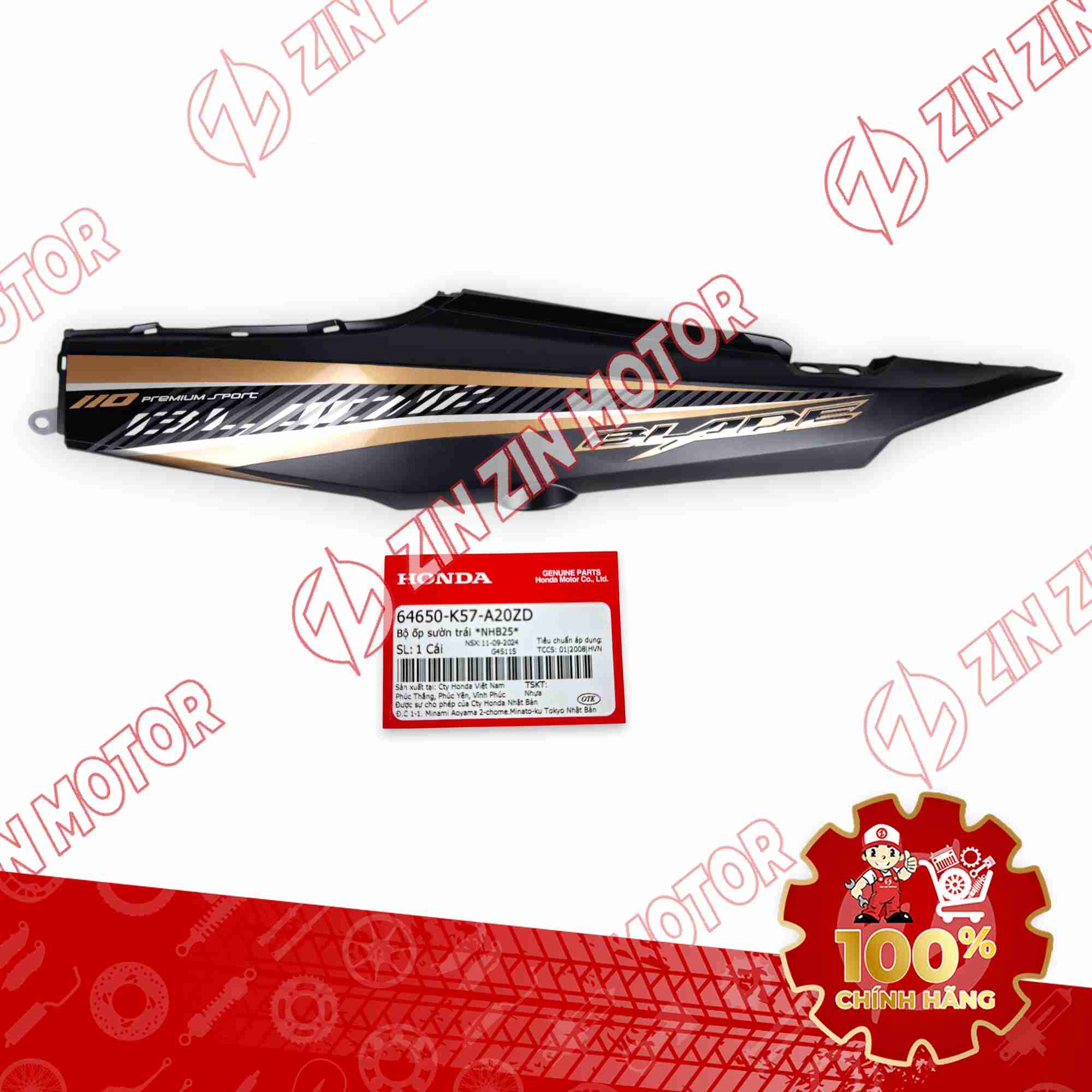 ỐP SƯỜN WAVE BLADE 110 ĐEN VÀNG ĐỒNG 2017 BẢN THỂ THAO BÊN TRÁI 64650K57A20ZD CHÍNH HÃNG