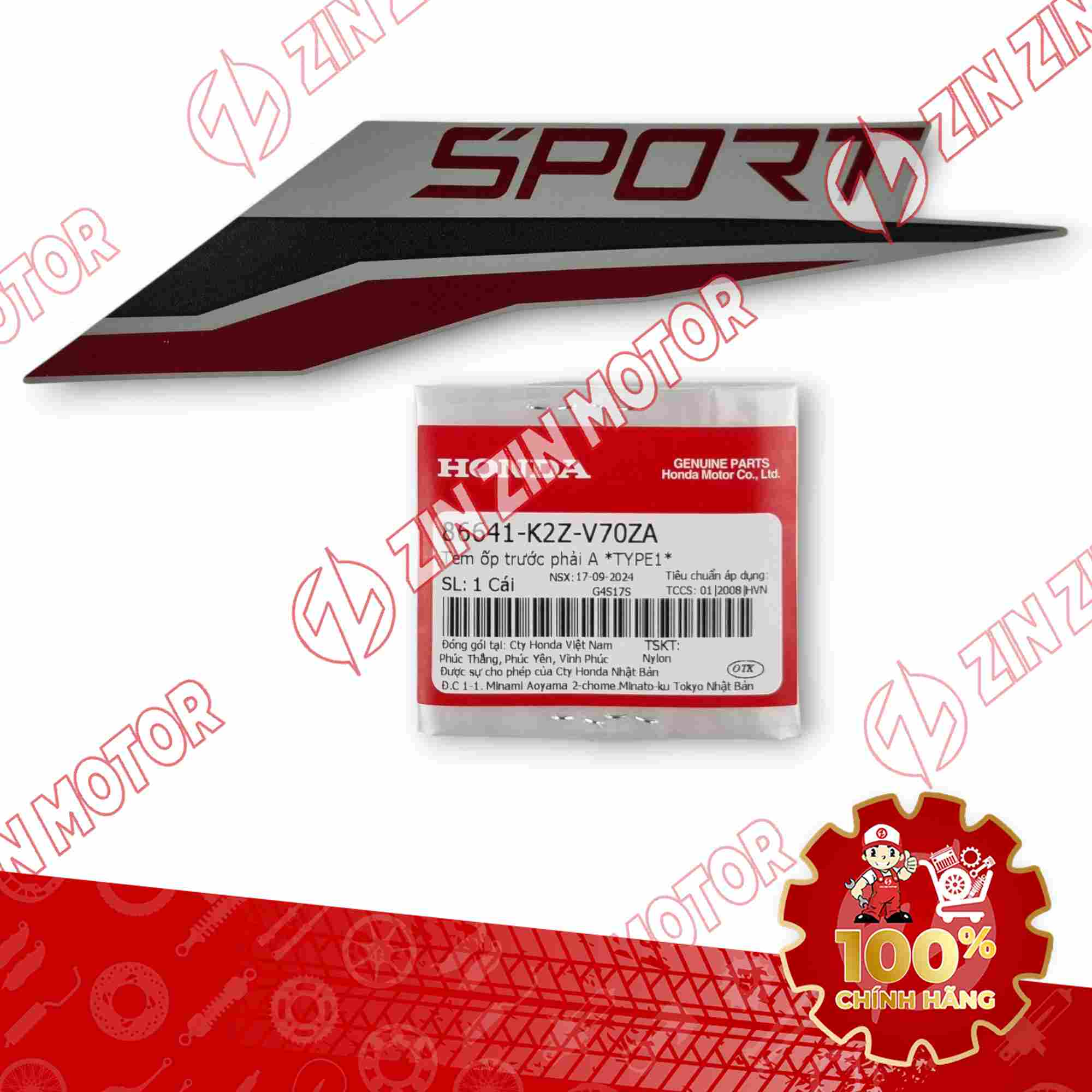 TEM YẾM XE AIR BLADE (AB) 125/160 2025 XÁM ĐỎ ĐEN (XÁM XI MĂNG) CHỮ SPORT PHẢI 86641K2ZV70ZA CHÍNH HÃNG