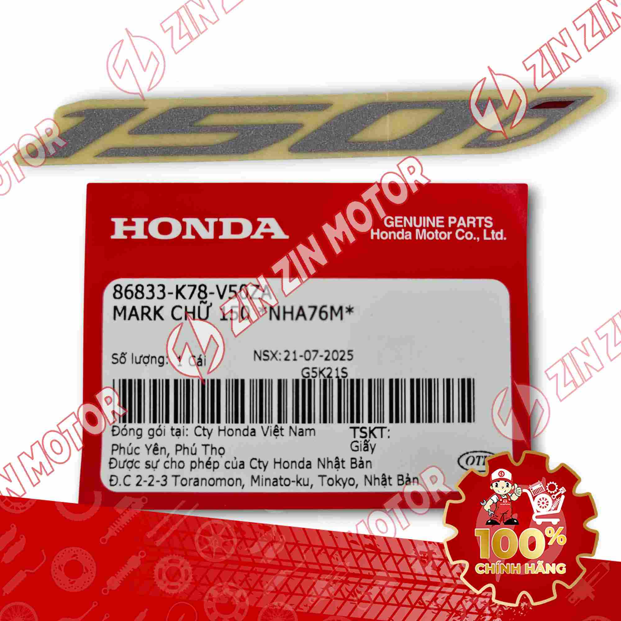 TEM CHỮ 150i XE SH 150i 2017 2018 2019 TEM TYPE 5 86833K78V50ZA CHÍNH HÃNG