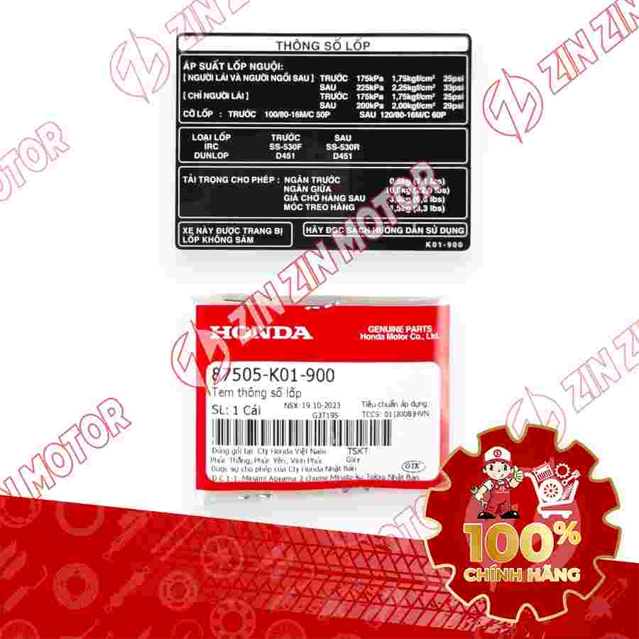 TEM THÔNG SỐ LỐP XE SH 125i/150i 2017 2018 2019 87505K01900 CHÍNH HÃNG